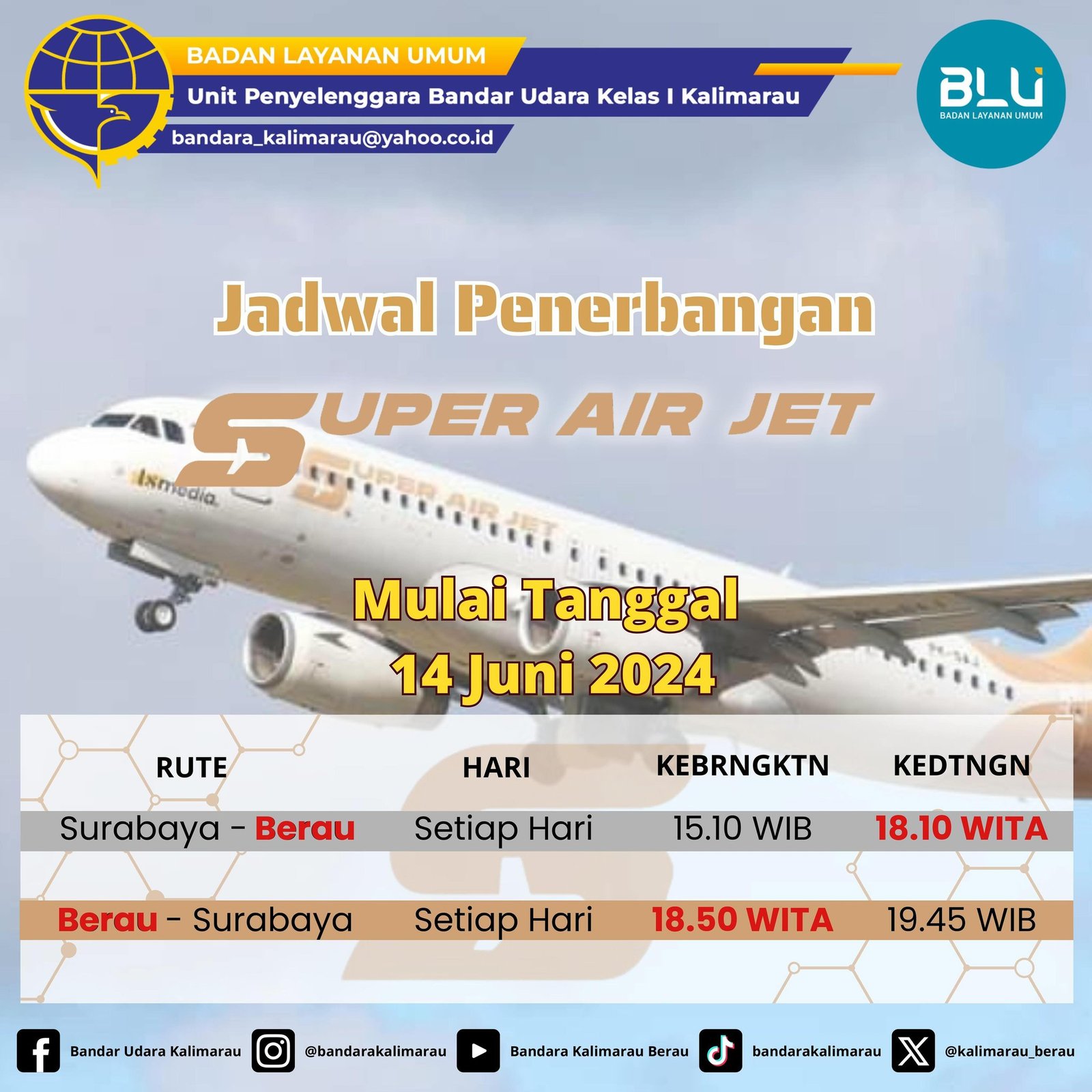 Rencana Flight Aktif Super Air Jet di Bandar Udara Kalimarau